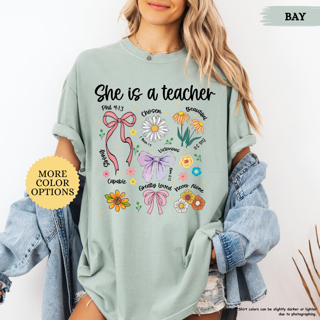 Comfort Colors® Boho Floral Teacher Shirt, Preppy Teacher Gift, Coquette Teacher Tee, Bible Verse, Appreciation, First Day, Teacher Day Gift