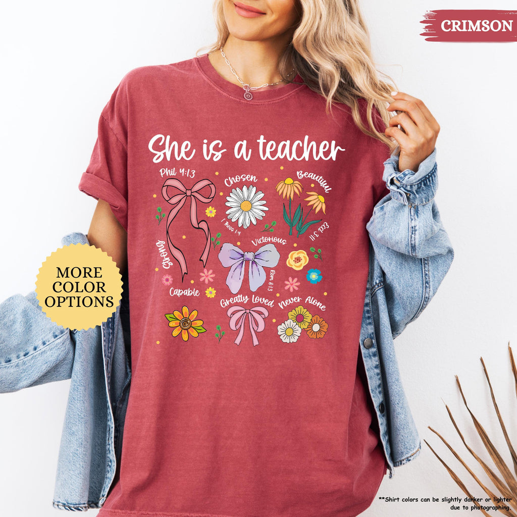 Comfort Colors® Boho Floral Teacher Shirt, Preppy Teacher Gift, Coquette Teacher Tee, Bible Verse, Appreciation, First Day, Teacher Day Gift